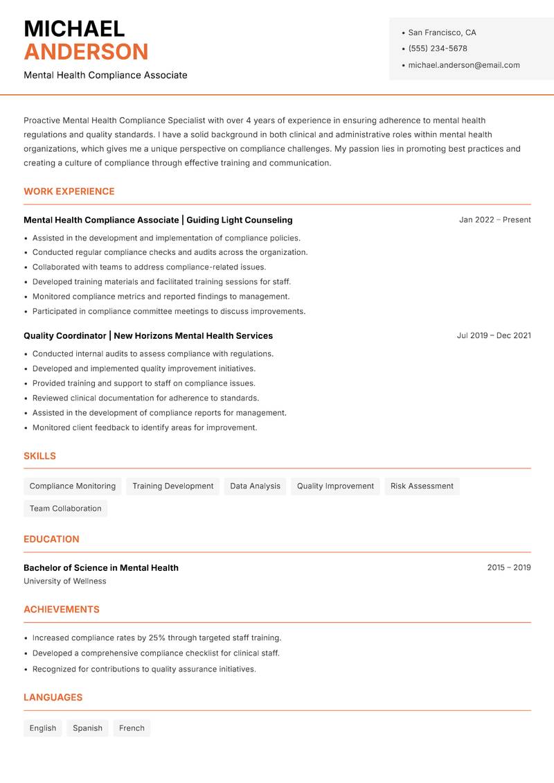 Mental Health Compliance Specialist resume template — Modern Professional