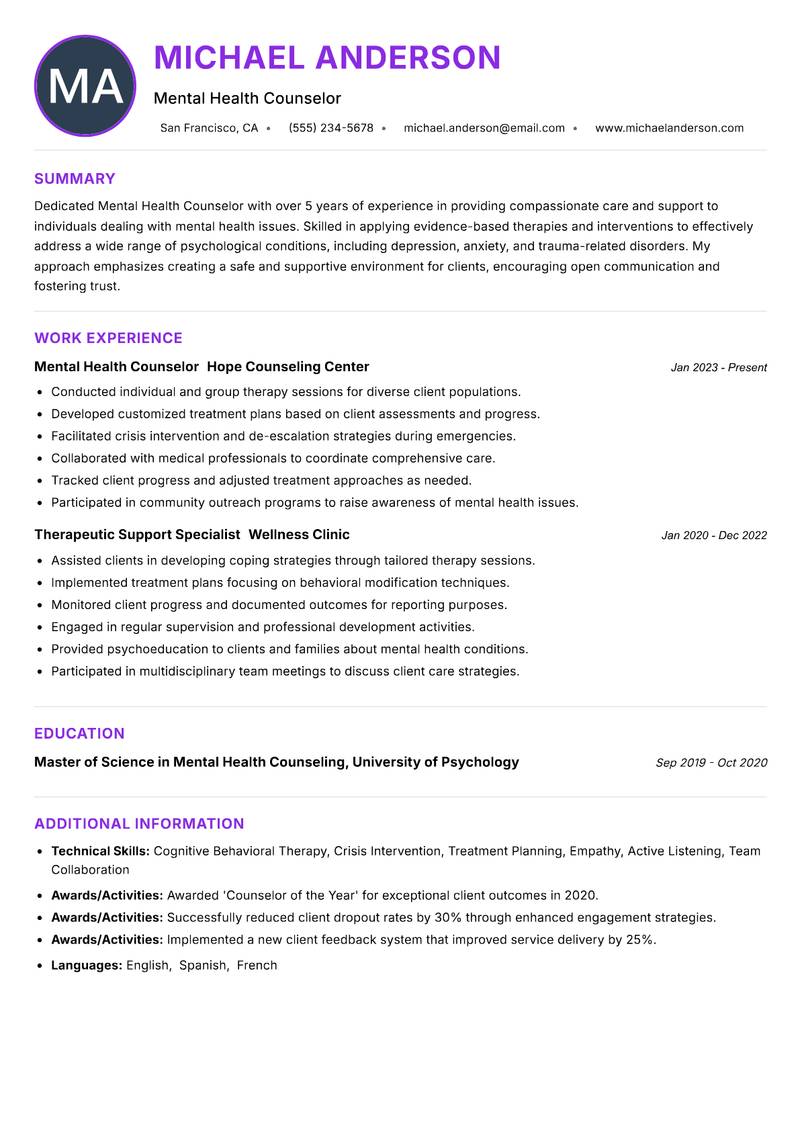 Mental Health Counselor resume example — ATS-friendly template