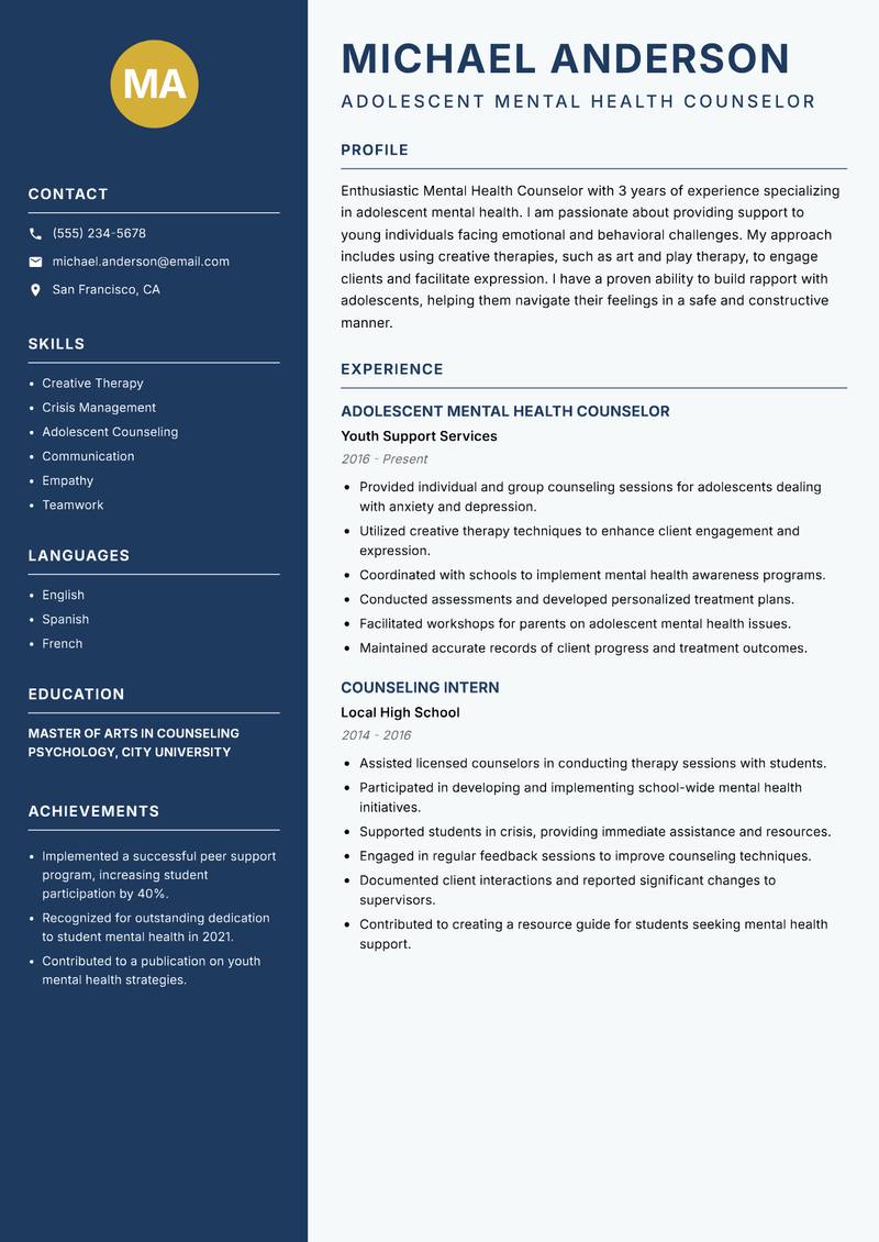 Mental Health Counselor resume template — Classic Clean