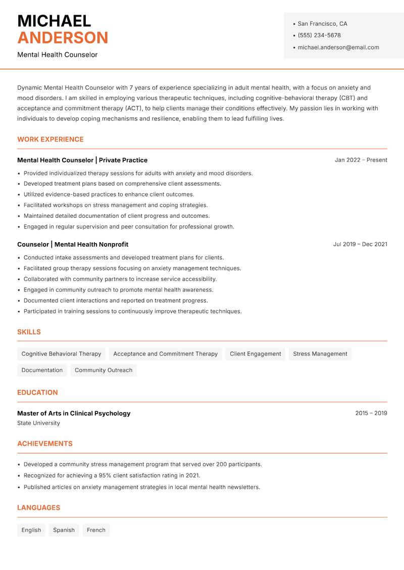 Mental Health Counselor resume template — Modern Professional