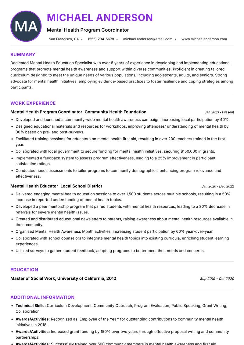 Mental Health Education Specialist resume example — ATS-friendly template