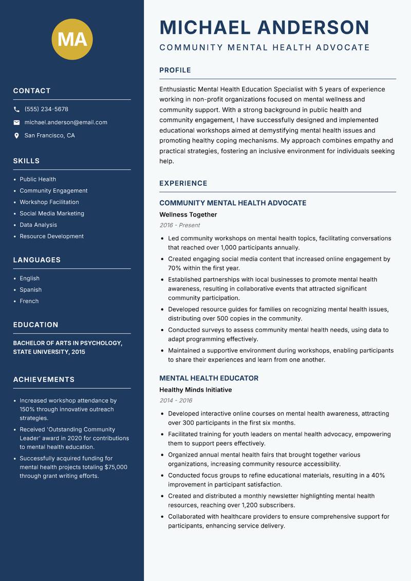 Mental Health Education Specialist resume template — Classic Clean