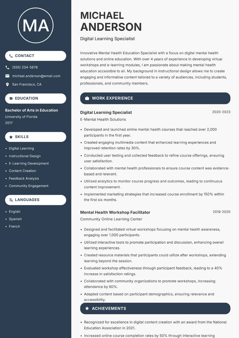 Mental Health Education Specialist resume template — Compact