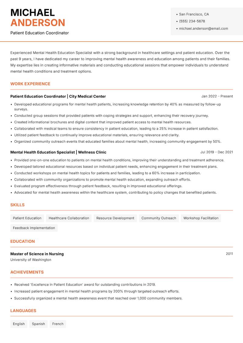 Mental Health Education Specialist resume template — Modern Professional
