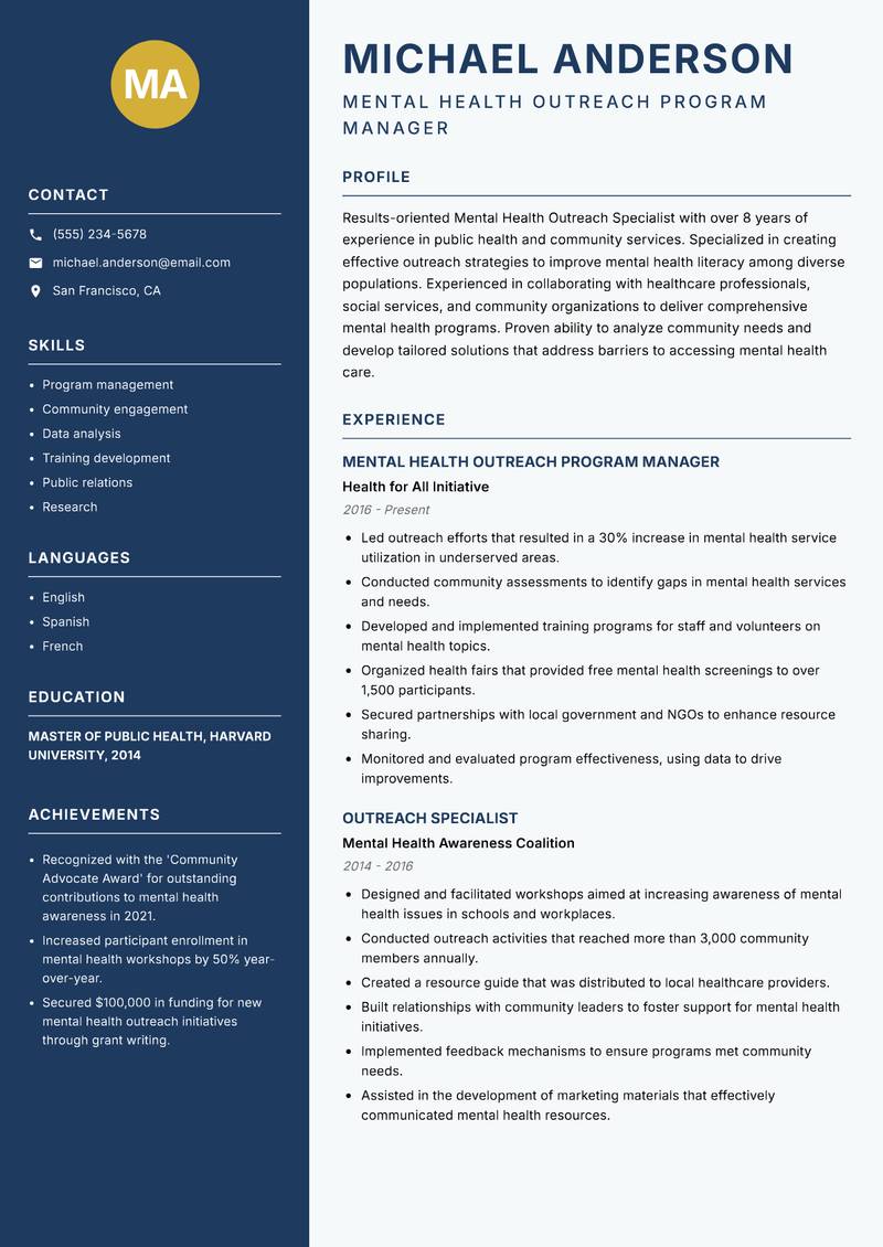 Mental Health Outreach Specialist resume template — Classic Clean