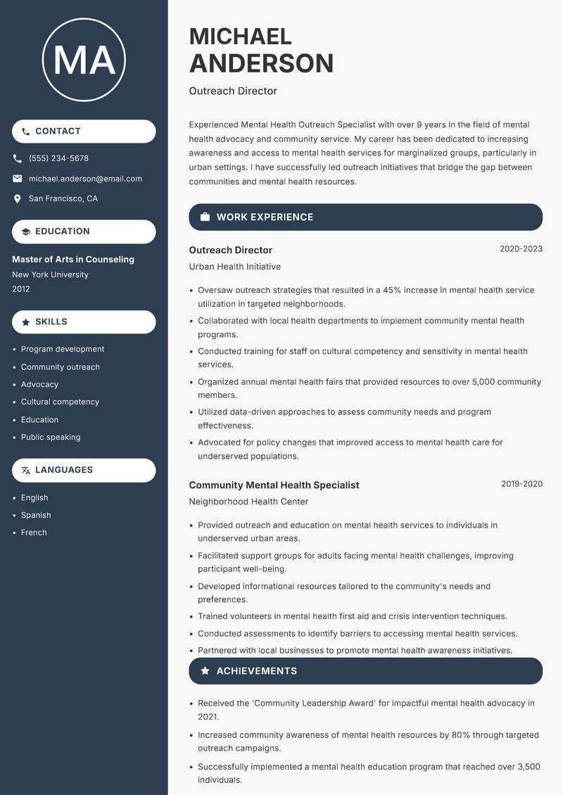 Mental Health Outreach Specialist resume template — Compact