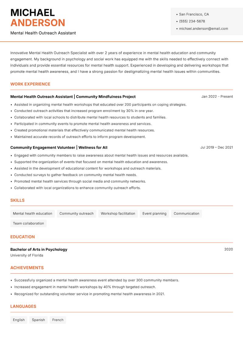 Mental Health Outreach Specialist resume template — Modern Professional