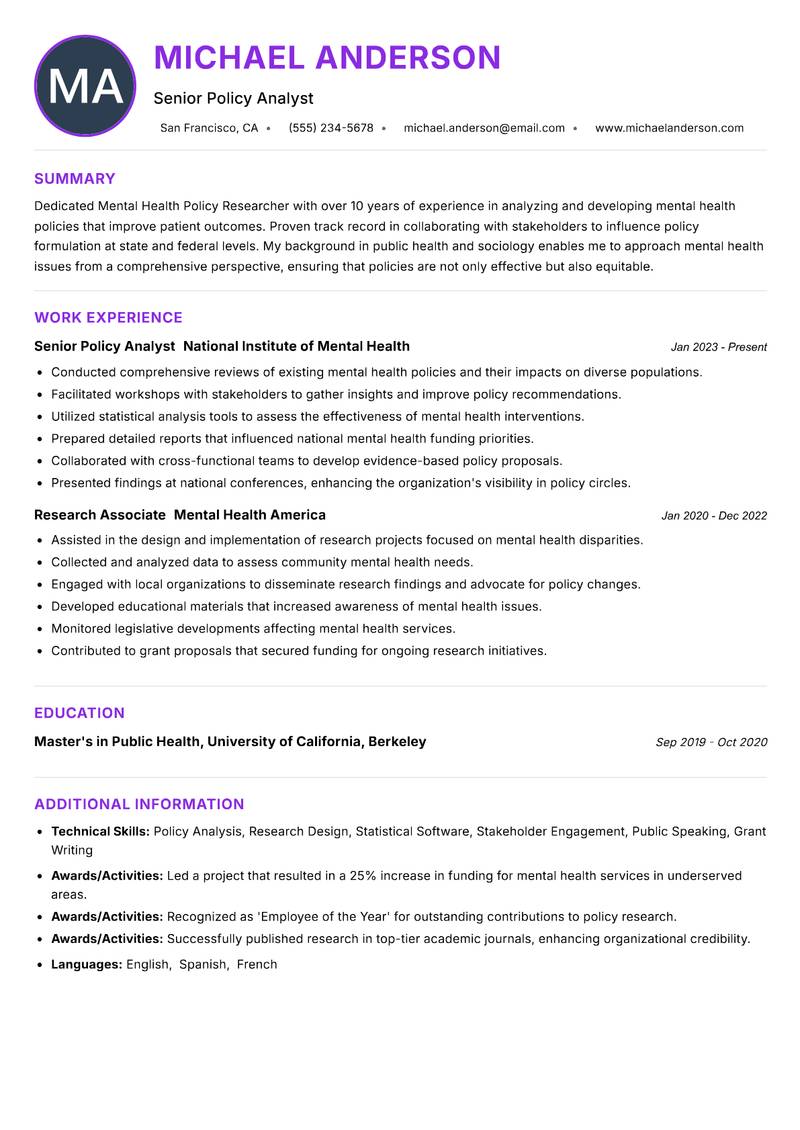 Mental Health Policy Researcher resume example — ATS-friendly template