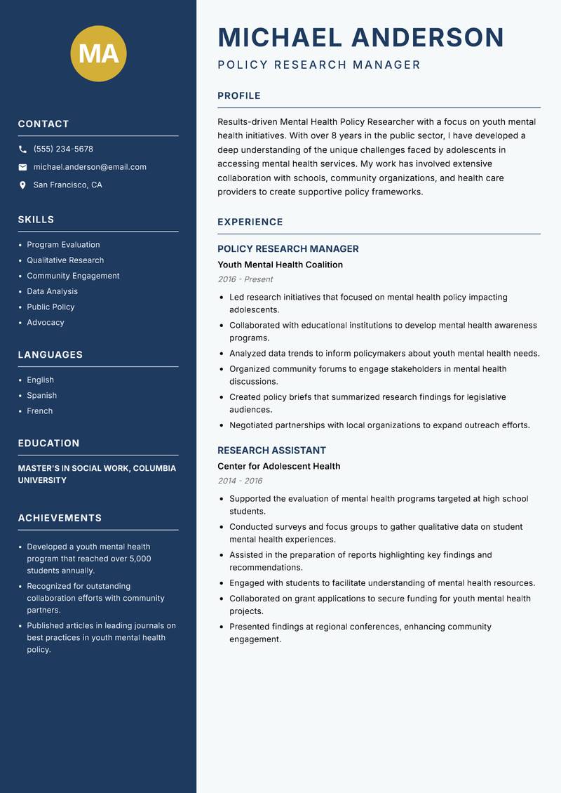 Mental Health Policy Researcher resume template — Classic Clean