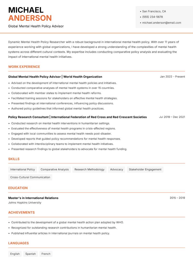 Mental Health Policy Researcher resume template — Modern Professional