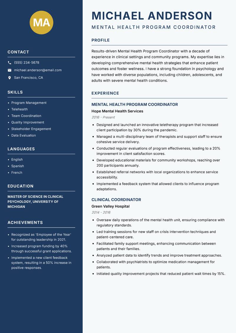 Mental Health Program Coordinator resume template — Classic Clean