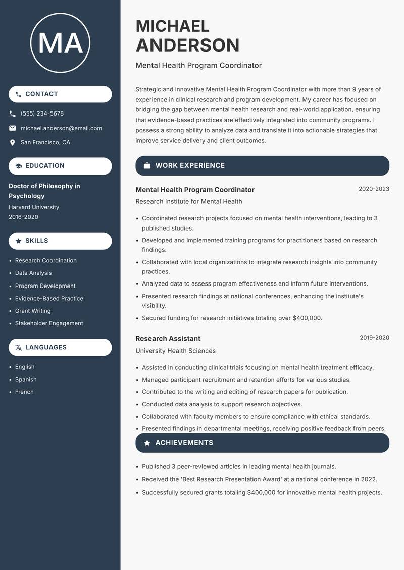 Mental Health Program Coordinator resume template — Compact