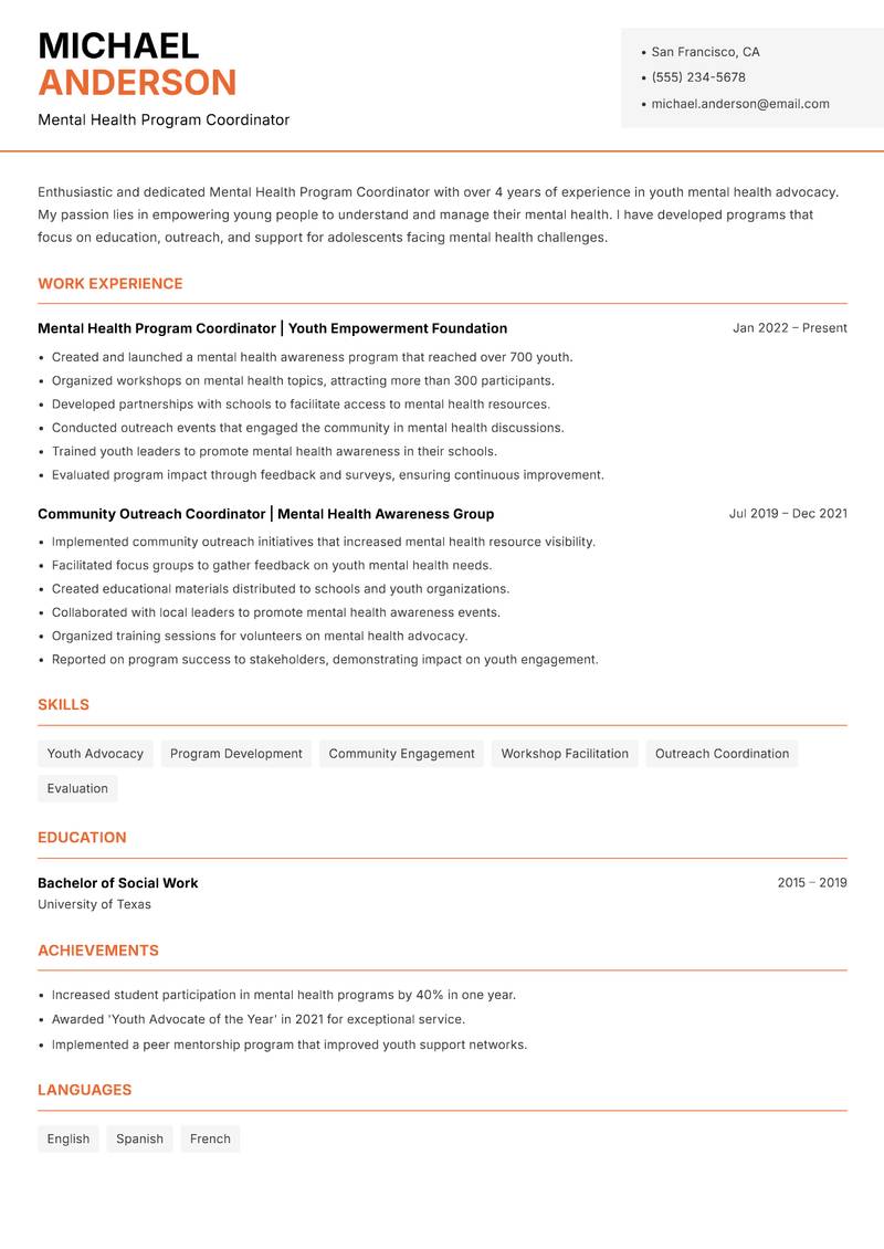 Mental Health Program Coordinator resume template — Modern Professional