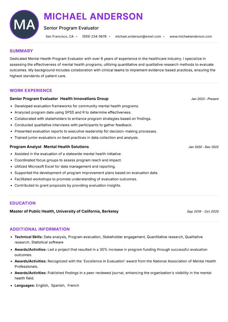Mental Health Program Evaluator resume example — ATS-friendly template