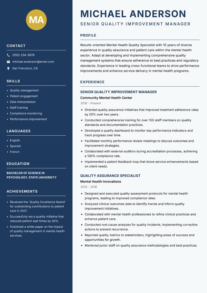 Mental Health Quality Specialist resume template — Classic Clean