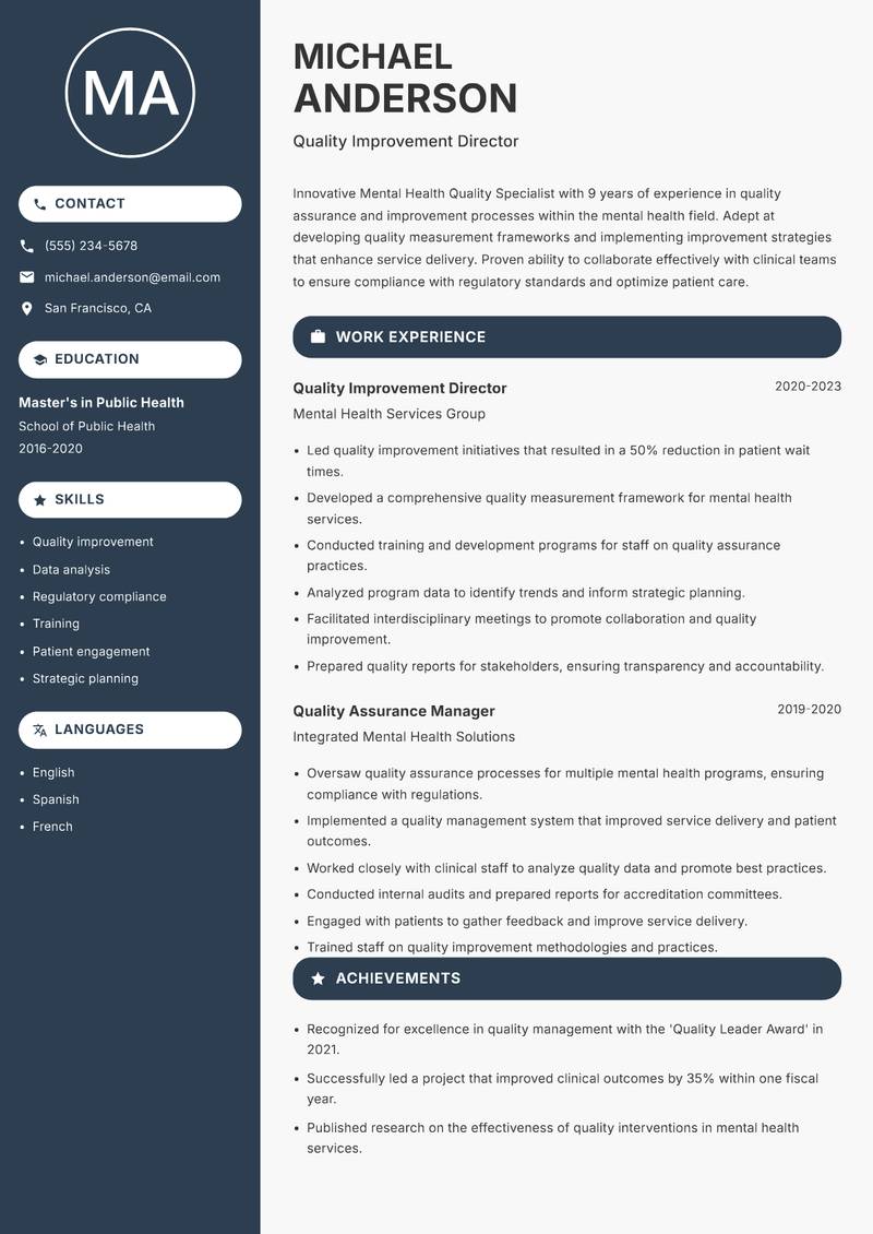 Mental Health Quality Specialist resume template — Compact