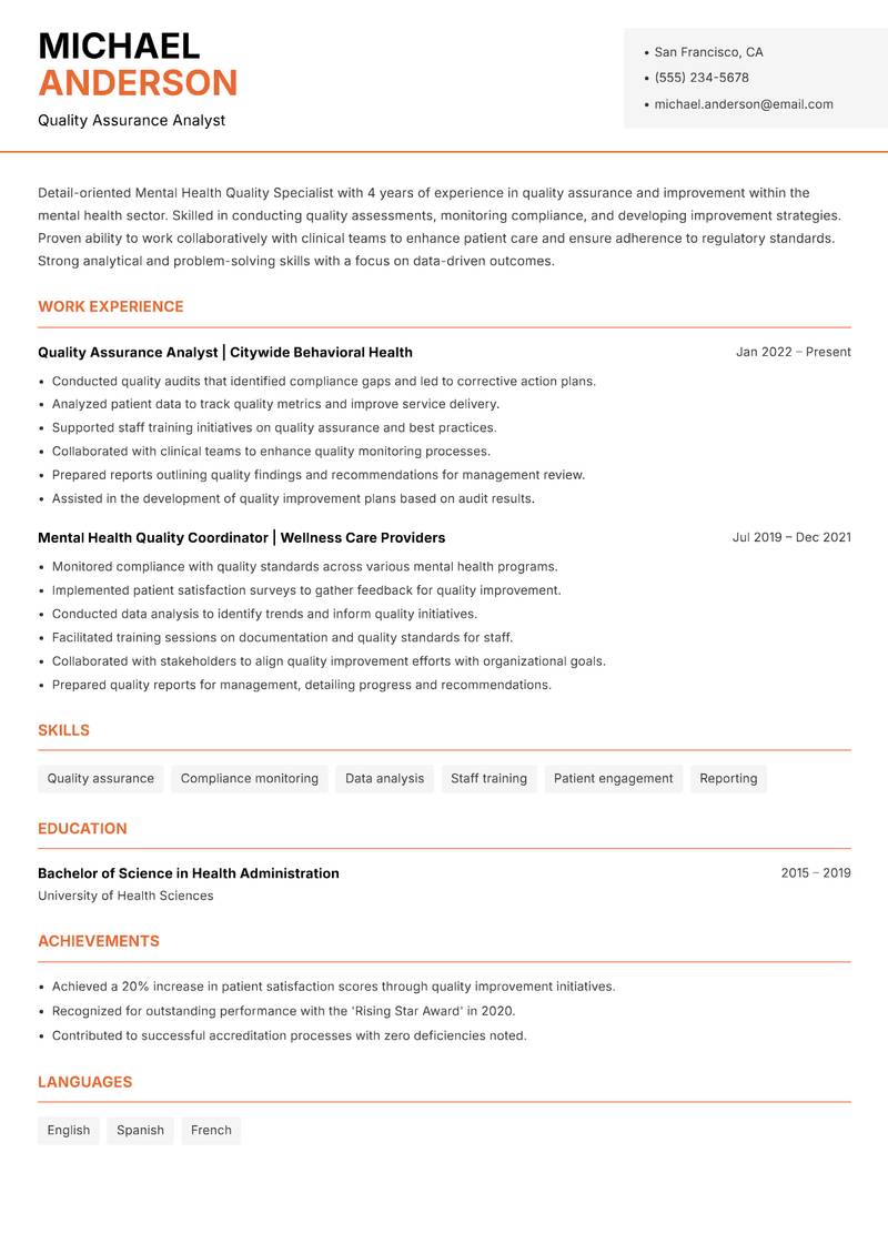 Mental Health Quality Specialist resume template — Modern Professional