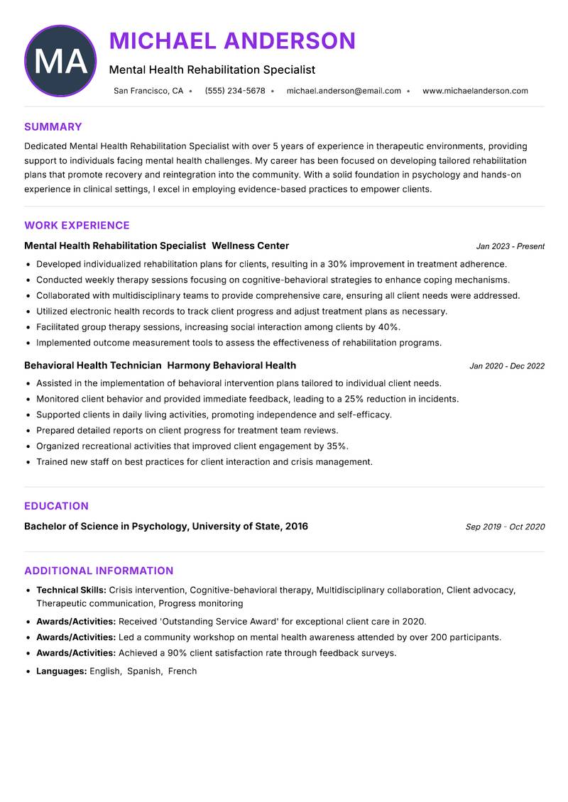 Mental Health Rehabilitation Specialist resume example — ATS-friendly template