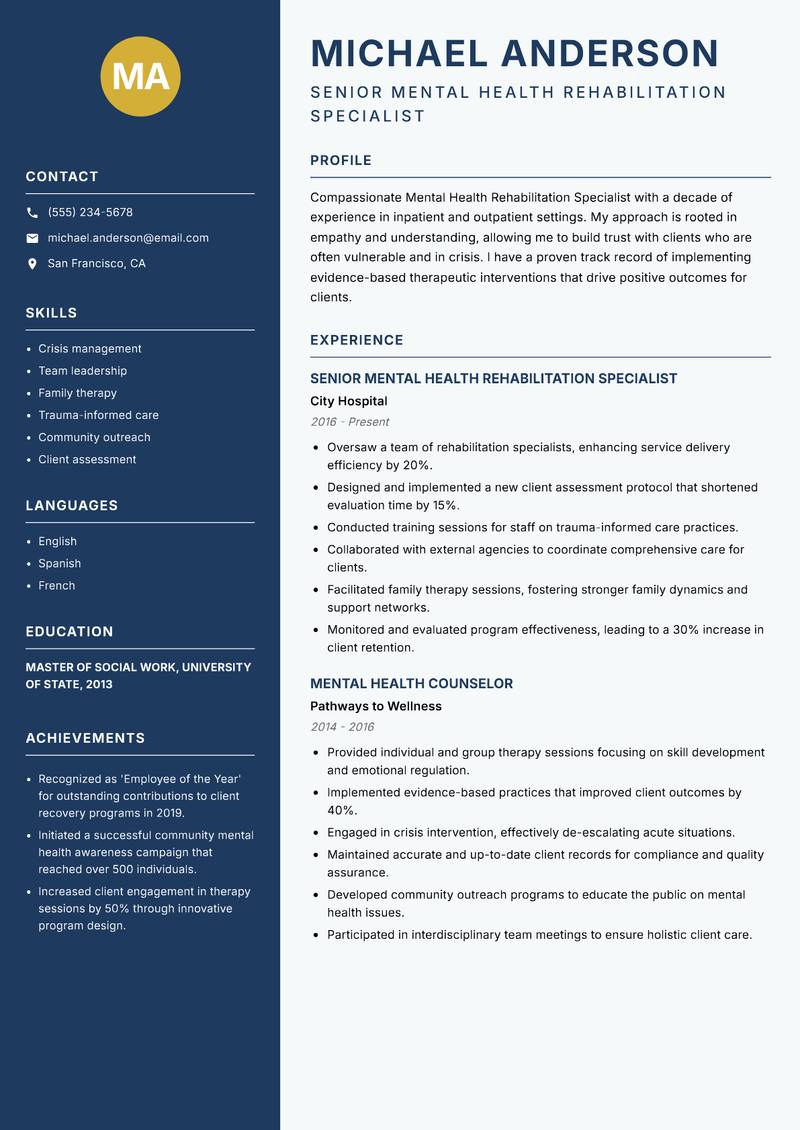 Mental Health Rehabilitation Specialist resume template — Classic Clean