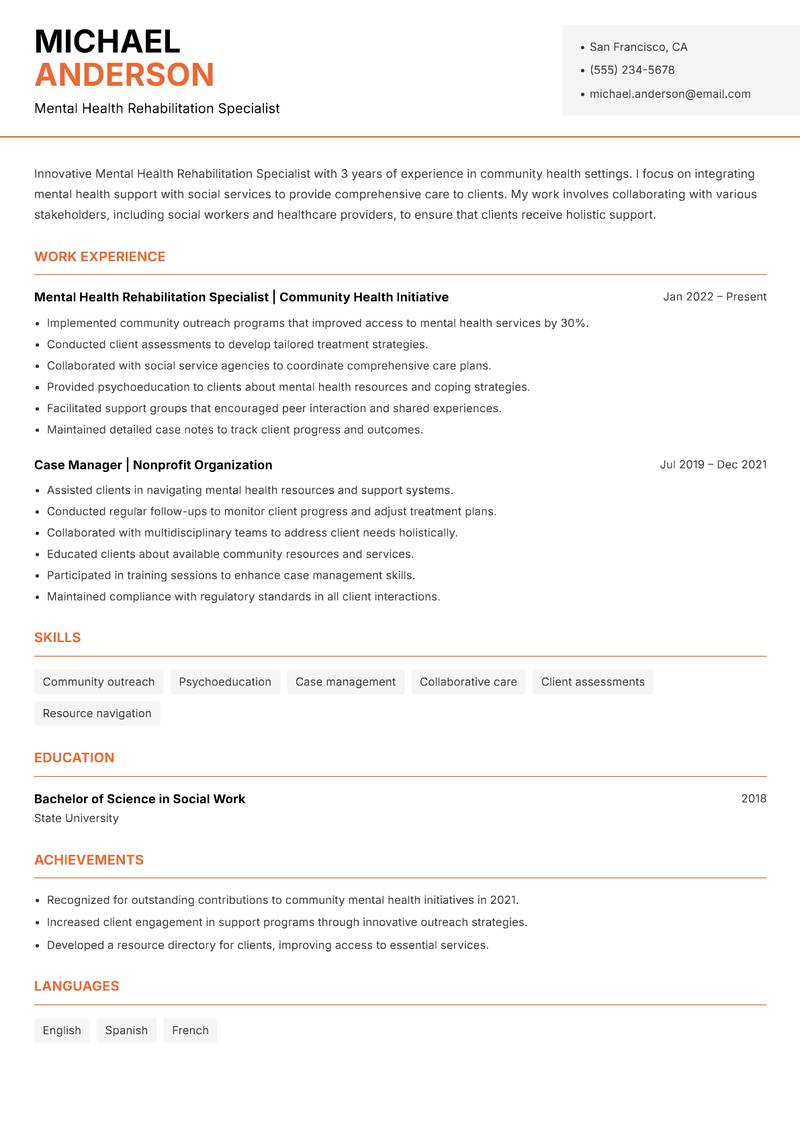 Mental Health Rehabilitation Specialist resume template — Modern Professional