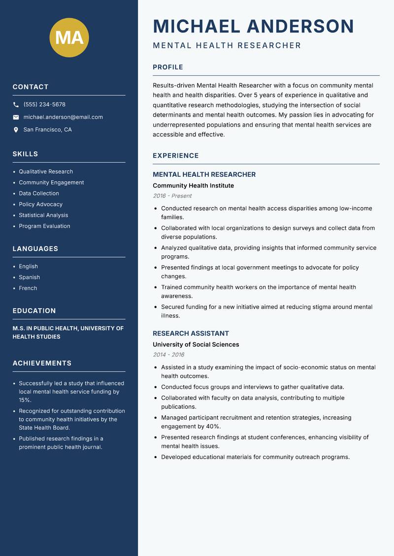 Mental Health Researcher resume template — Classic Clean