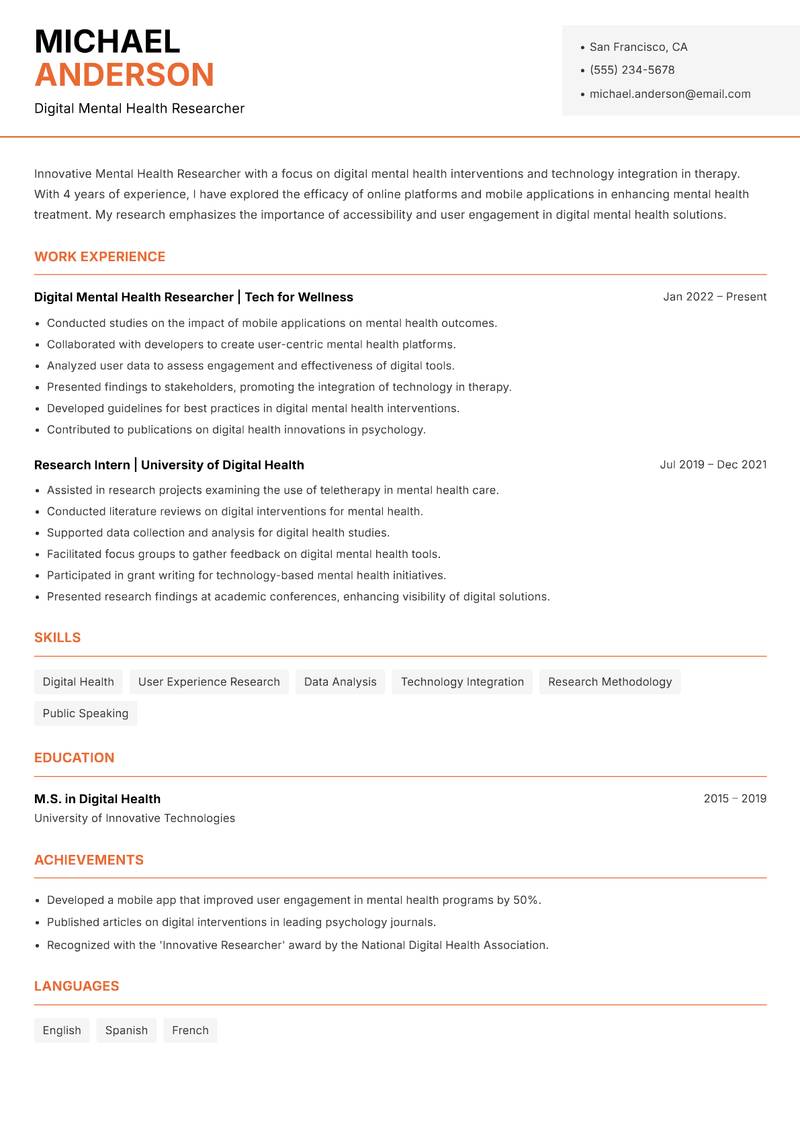 Mental Health Researcher resume template — Modern Professional