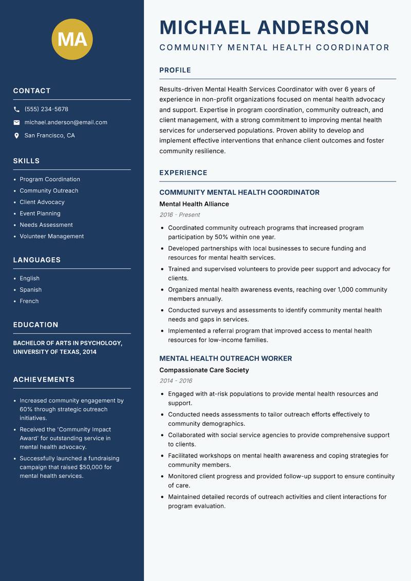 Mental Health Services Coordinator resume template — Classic Clean