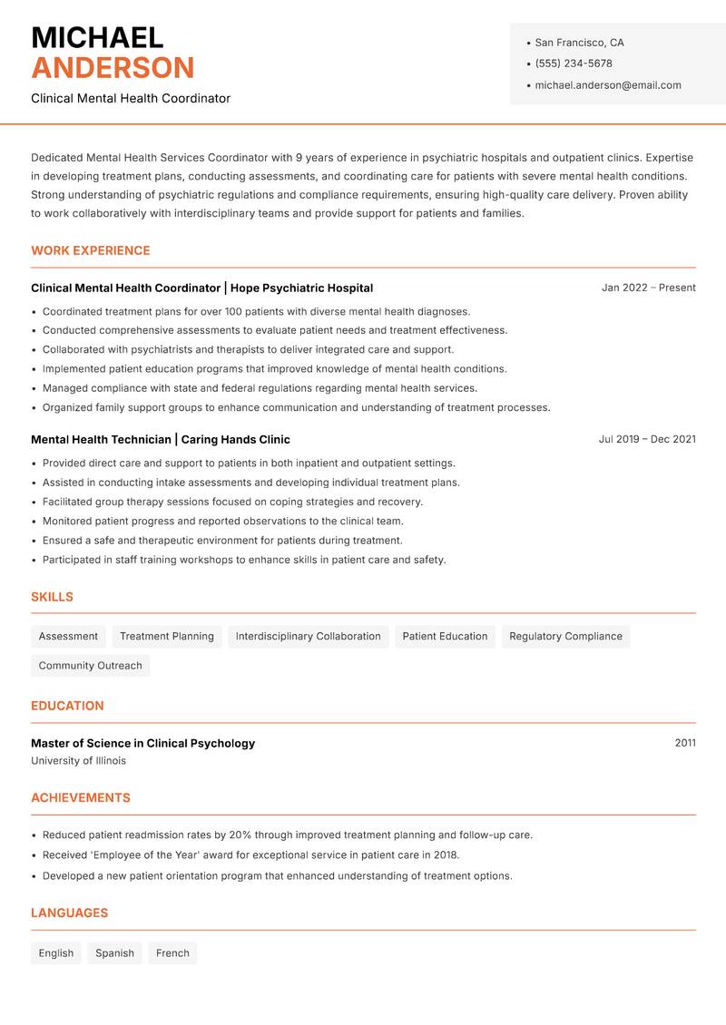 Mental Health Services Coordinator resume template — Modern Professional