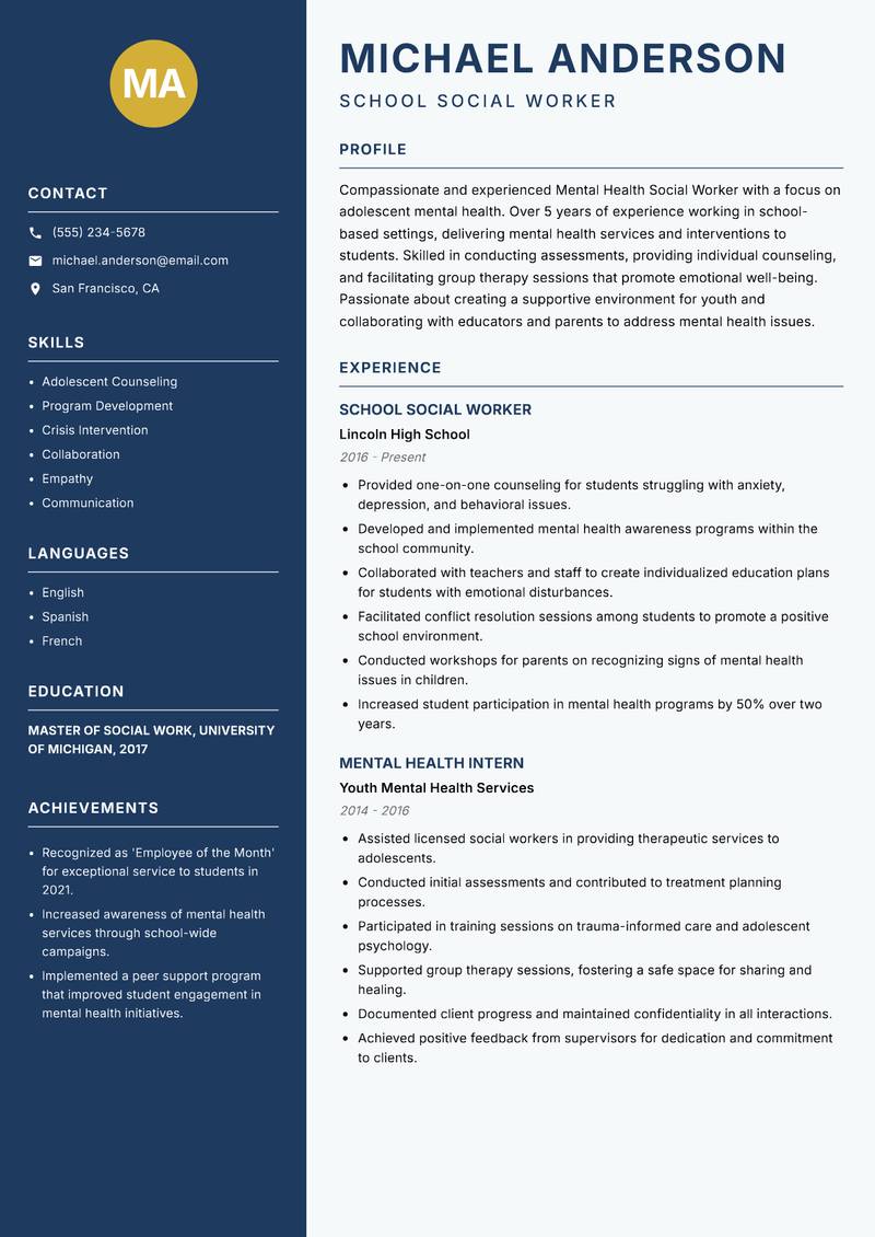 Mental Health Social Worker resume template — Classic Clean