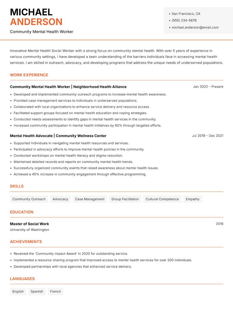 Mental Health Social Worker resume template — Modern Professional
