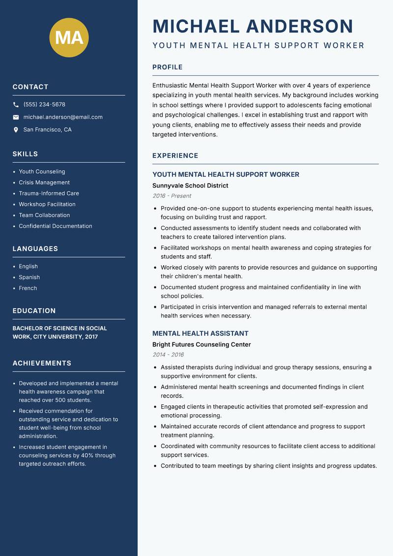 Mental Health Support Worker resume template — Classic Clean