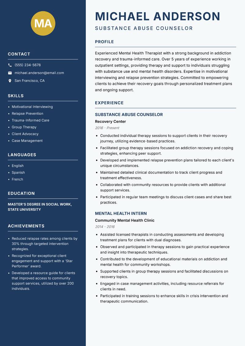 Mental Health Therapist resume template — Classic Clean