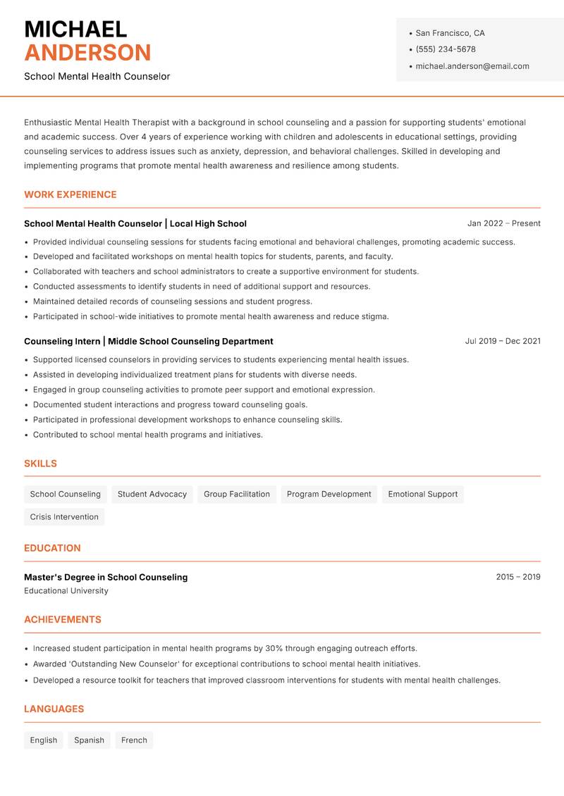 Mental Health Therapist resume template — Modern Professional