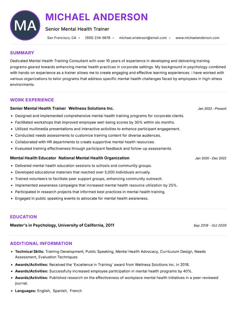 Mental Health Training Consultant resume example — ATS-friendly template