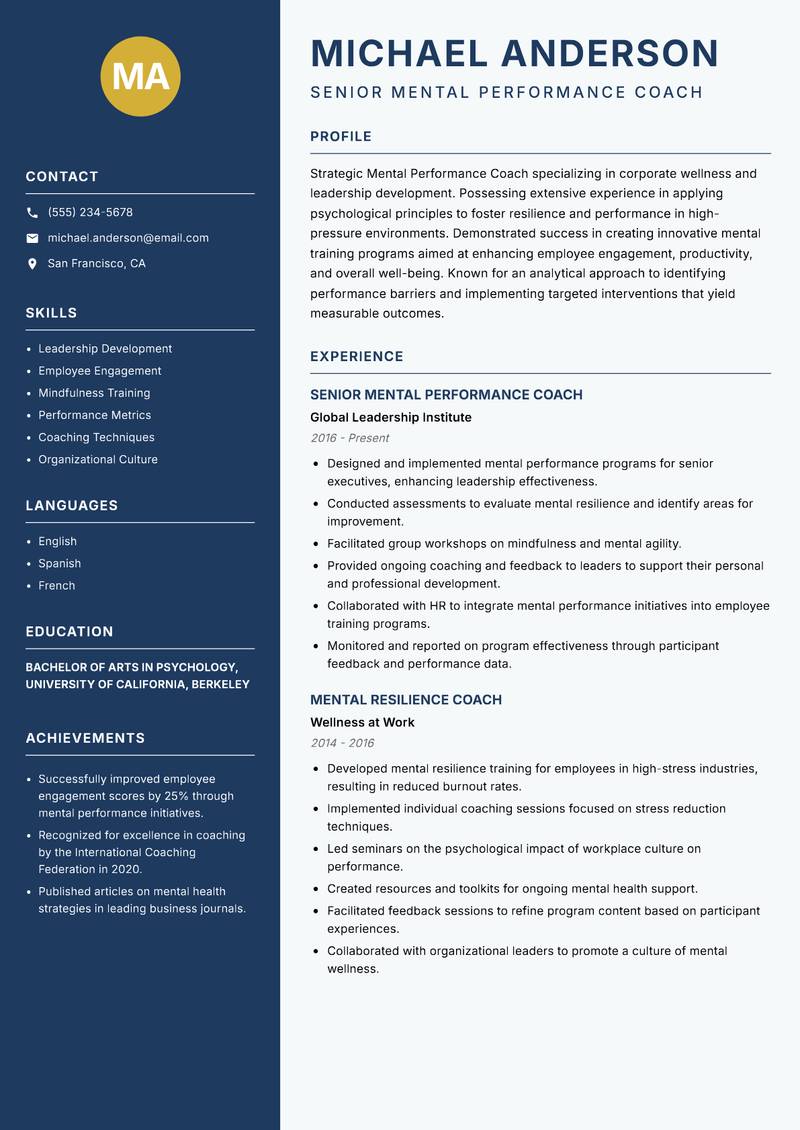 Mental Performance Coach resume template — Classic Clean