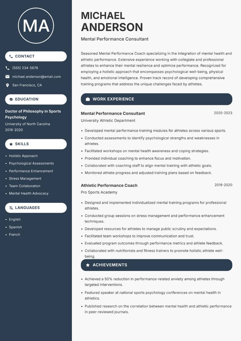 Mental Performance Coach resume template — Compact