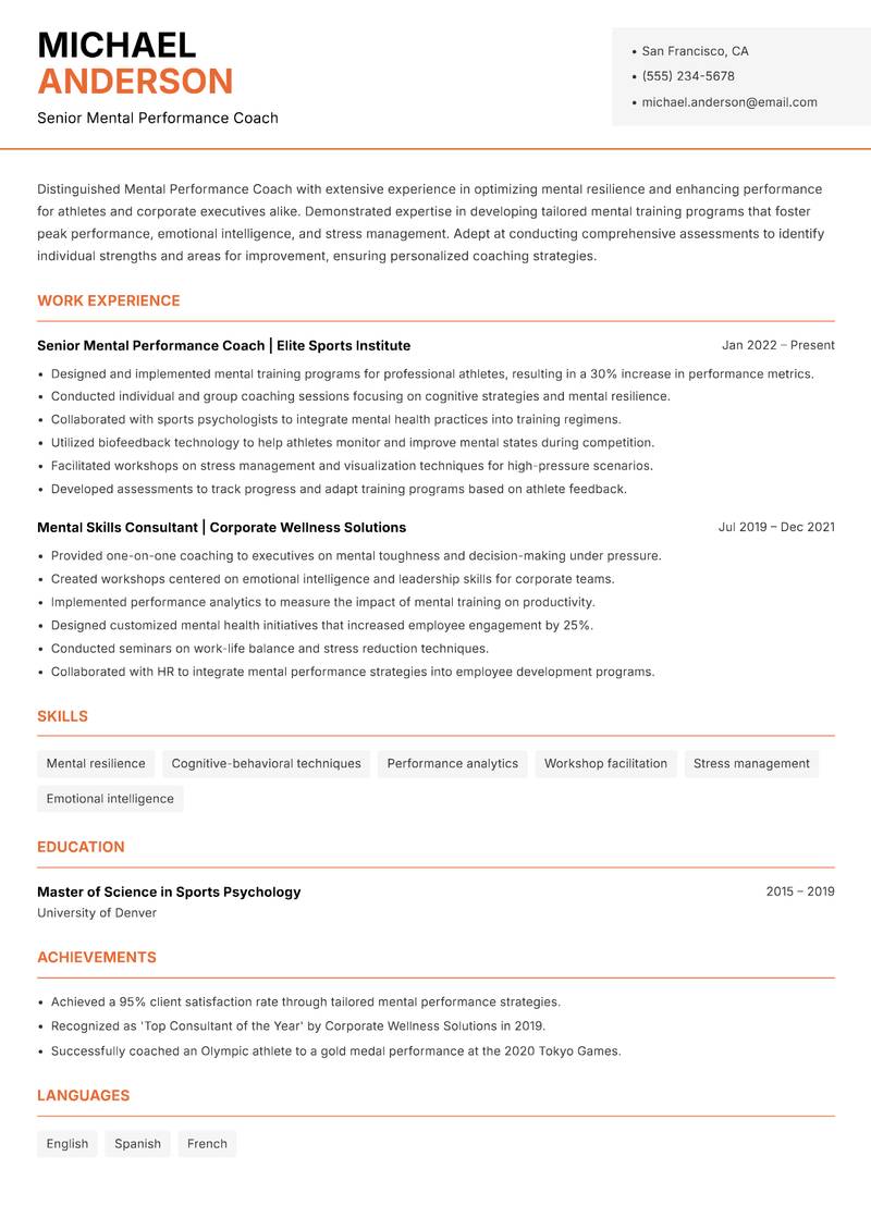 Mental Performance Coach resume template — Modern Professional