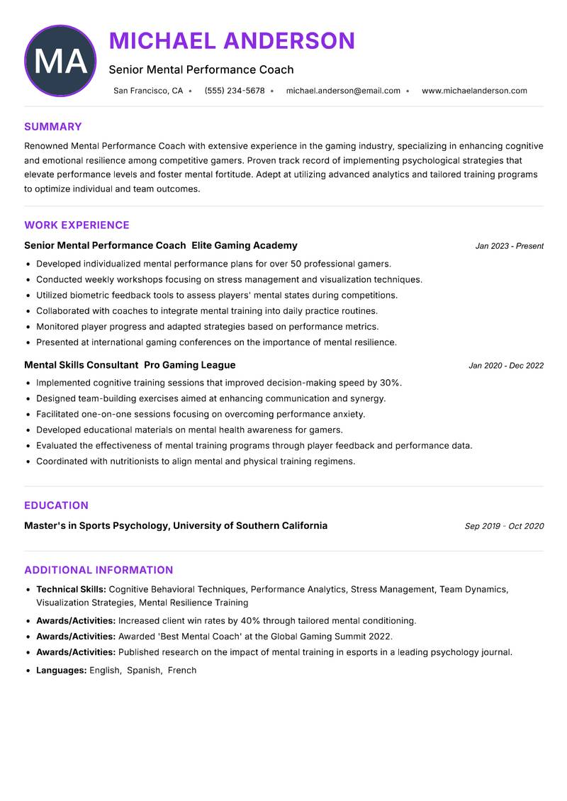 Mental Performance Coach Gaming resume example — ATS-friendly template