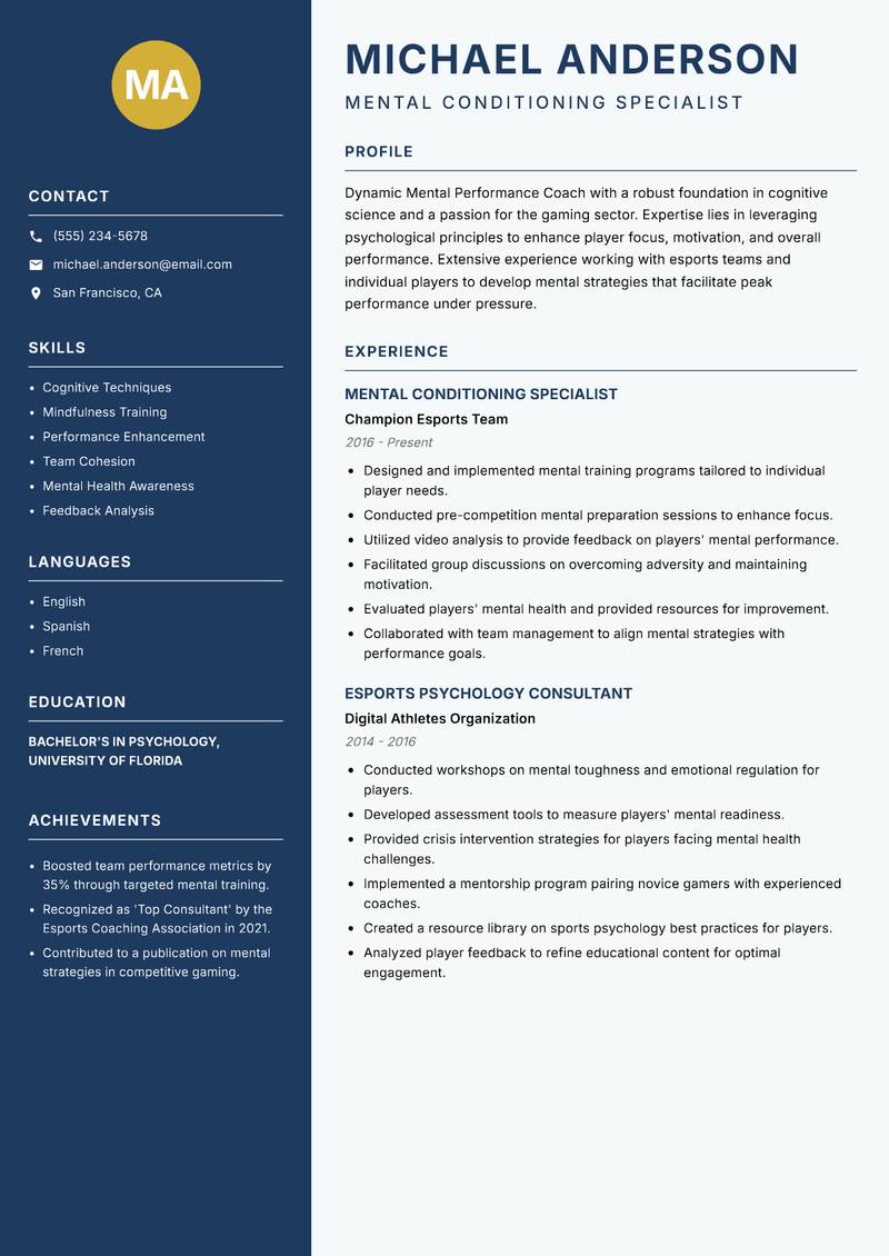 Mental Performance Coach Gaming resume template — Classic Clean
