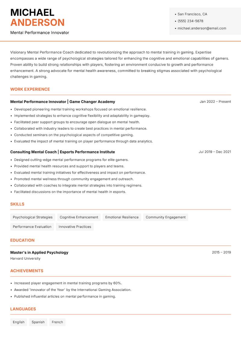 Mental Performance Coach Gaming resume template — Modern Professional