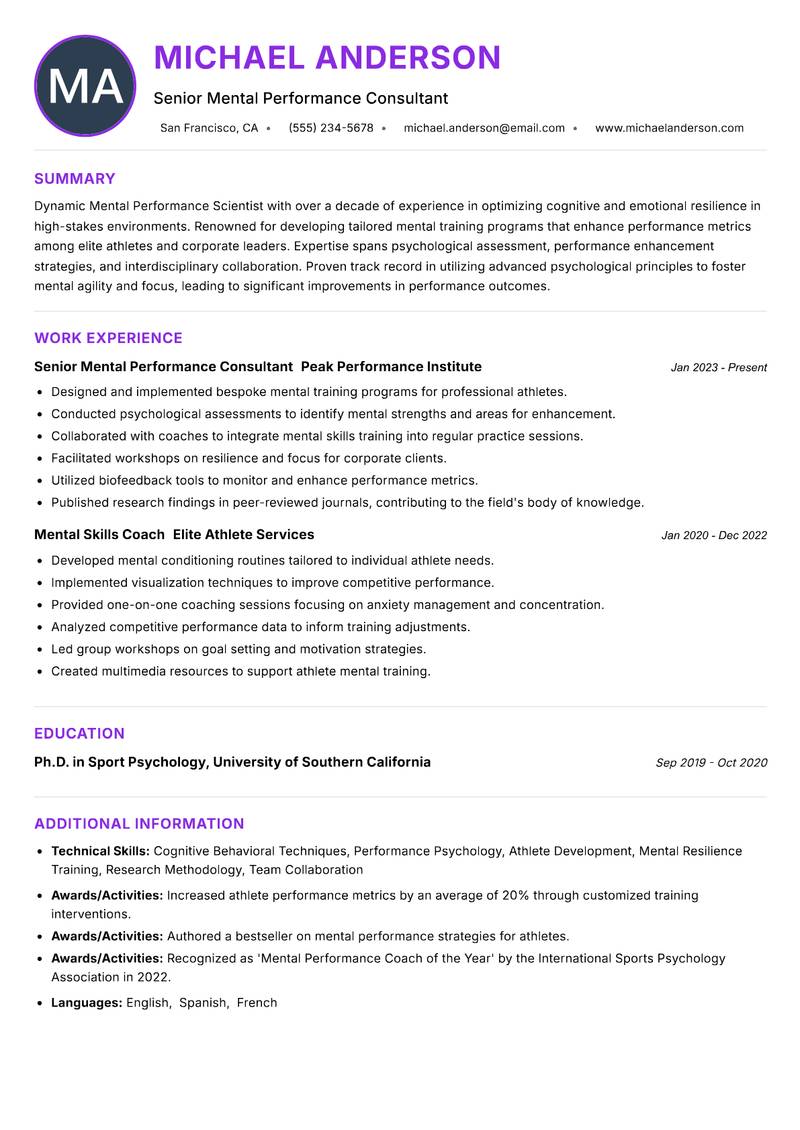 Mental Performance Scientist resume example — ATS-friendly template