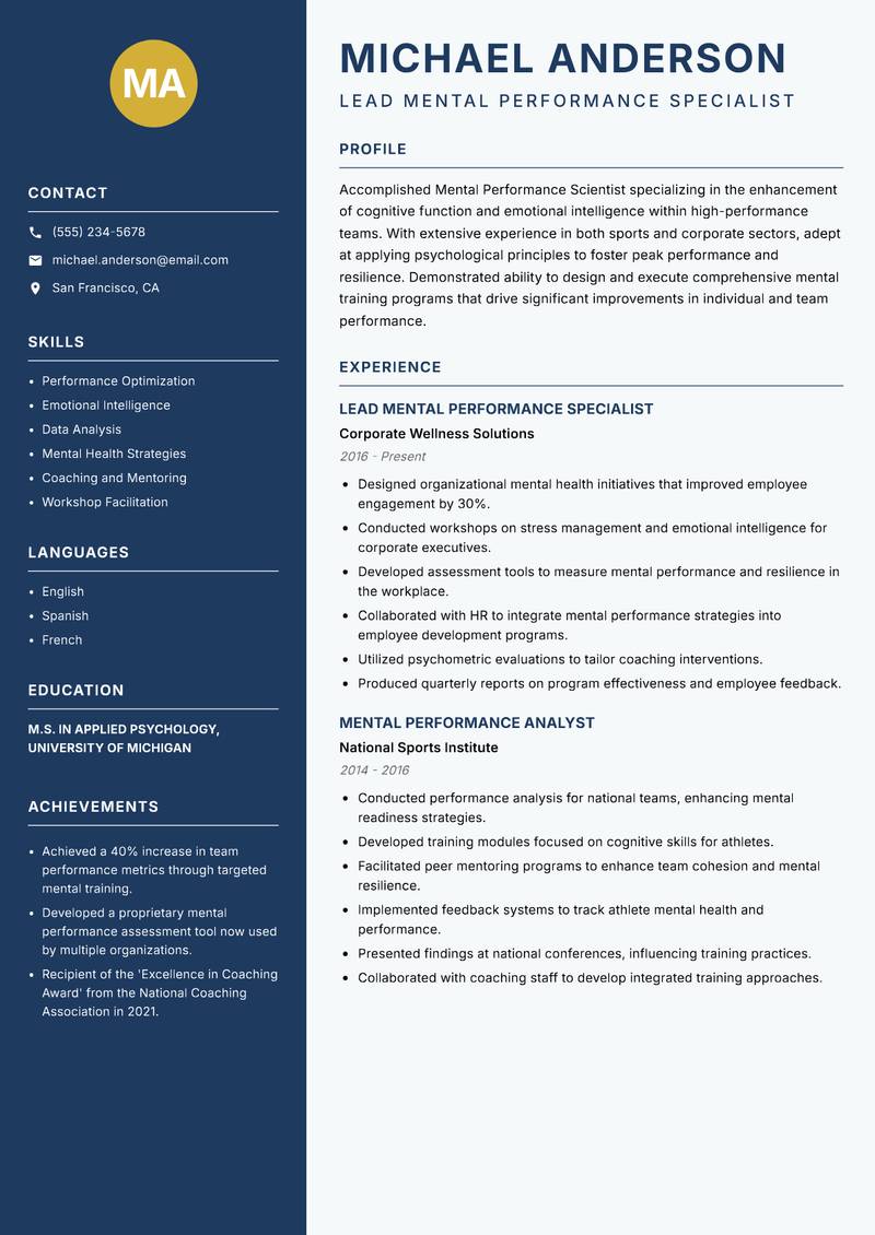 Mental Performance Scientist resume template — Classic Clean