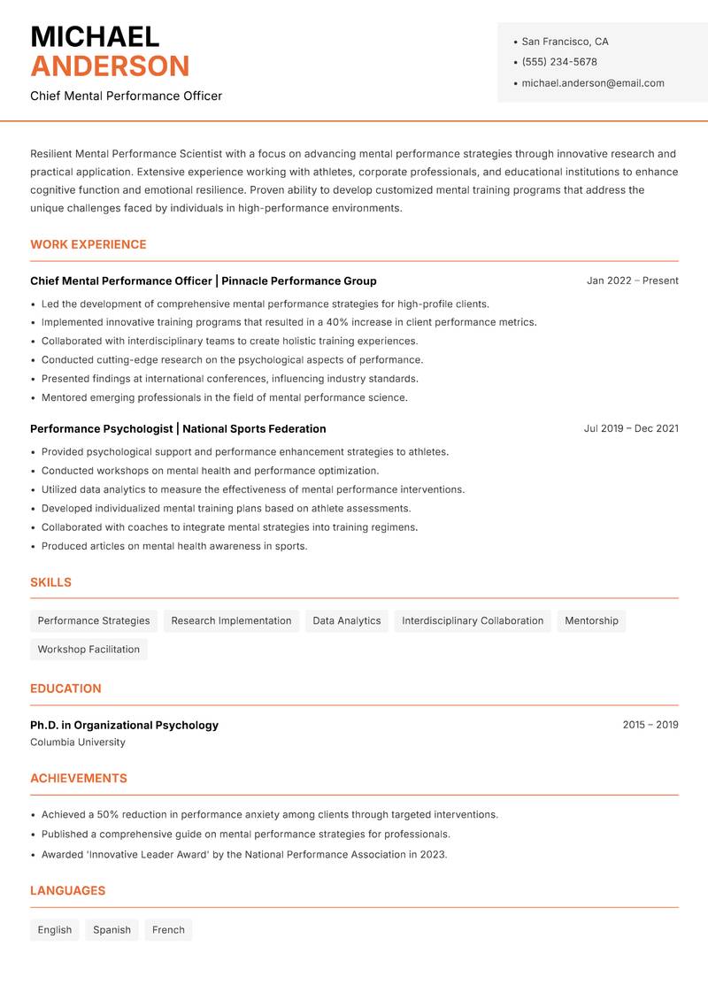Mental Performance Scientist resume template — Modern Professional