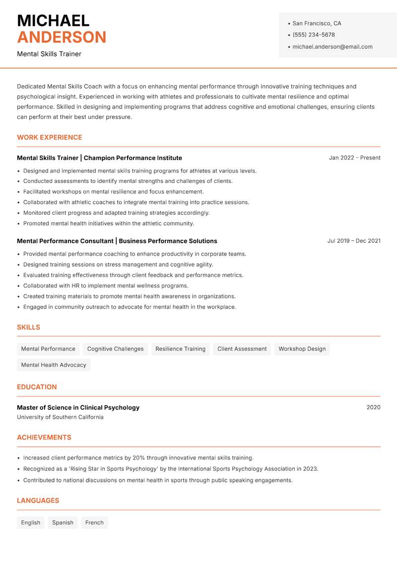 Mental Skills Coach resume template — Modern Professional