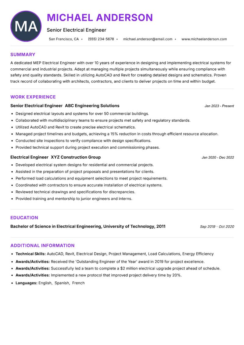 MEP Electrical Engineer resume example — ATS-friendly template