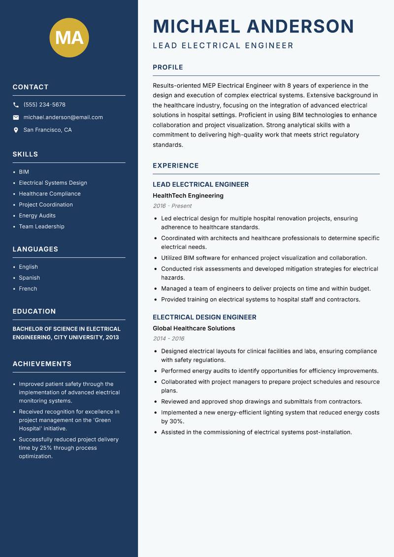 MEP Electrical Engineer resume template — Classic Clean