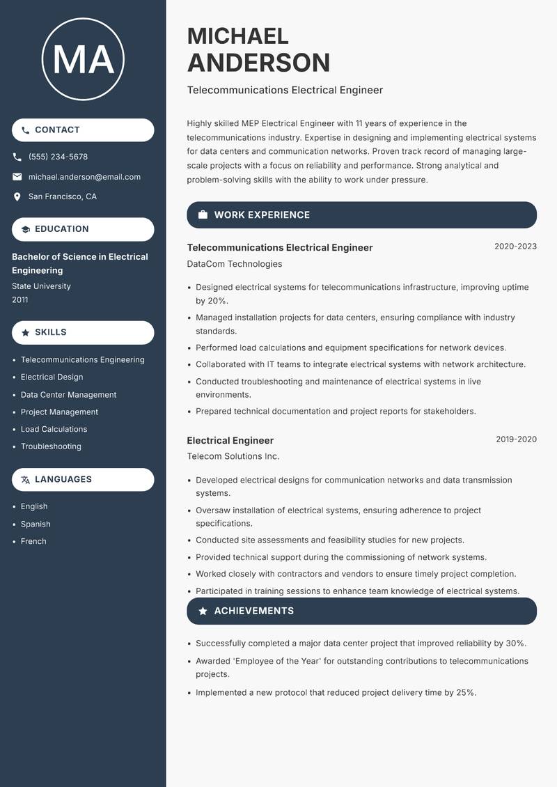 MEP Electrical Engineer resume template — Compact