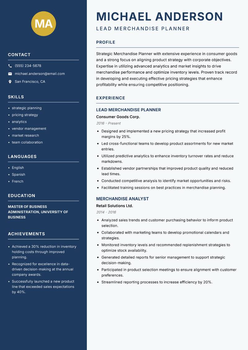 Merchandise Planner resume template — Classic Clean