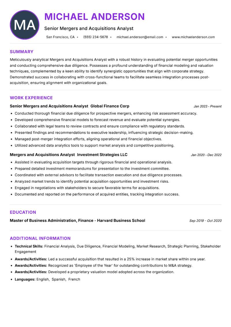 Mergers and Acquisitions Analyst resume example — ATS-friendly template
