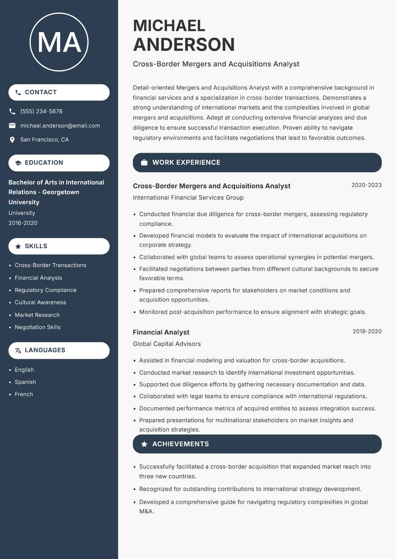 Mergers and Acquisitions Analyst resume template — Compact